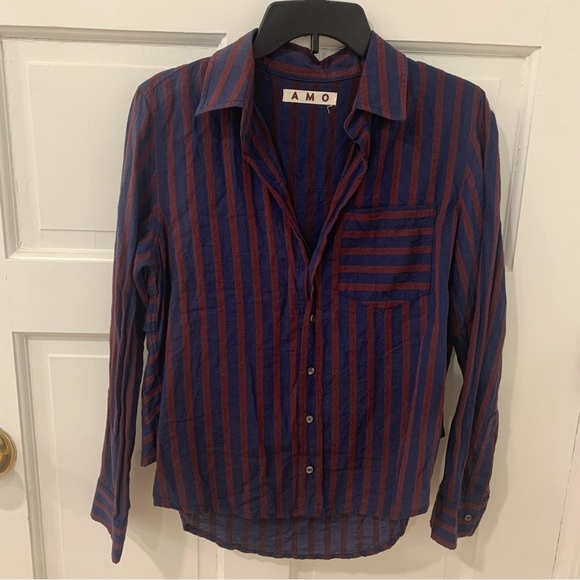 Anthropologie AMO Womens Ruffled Prep Shirt Striped Academia Size Medium FLAWED - Picture 3 of 13